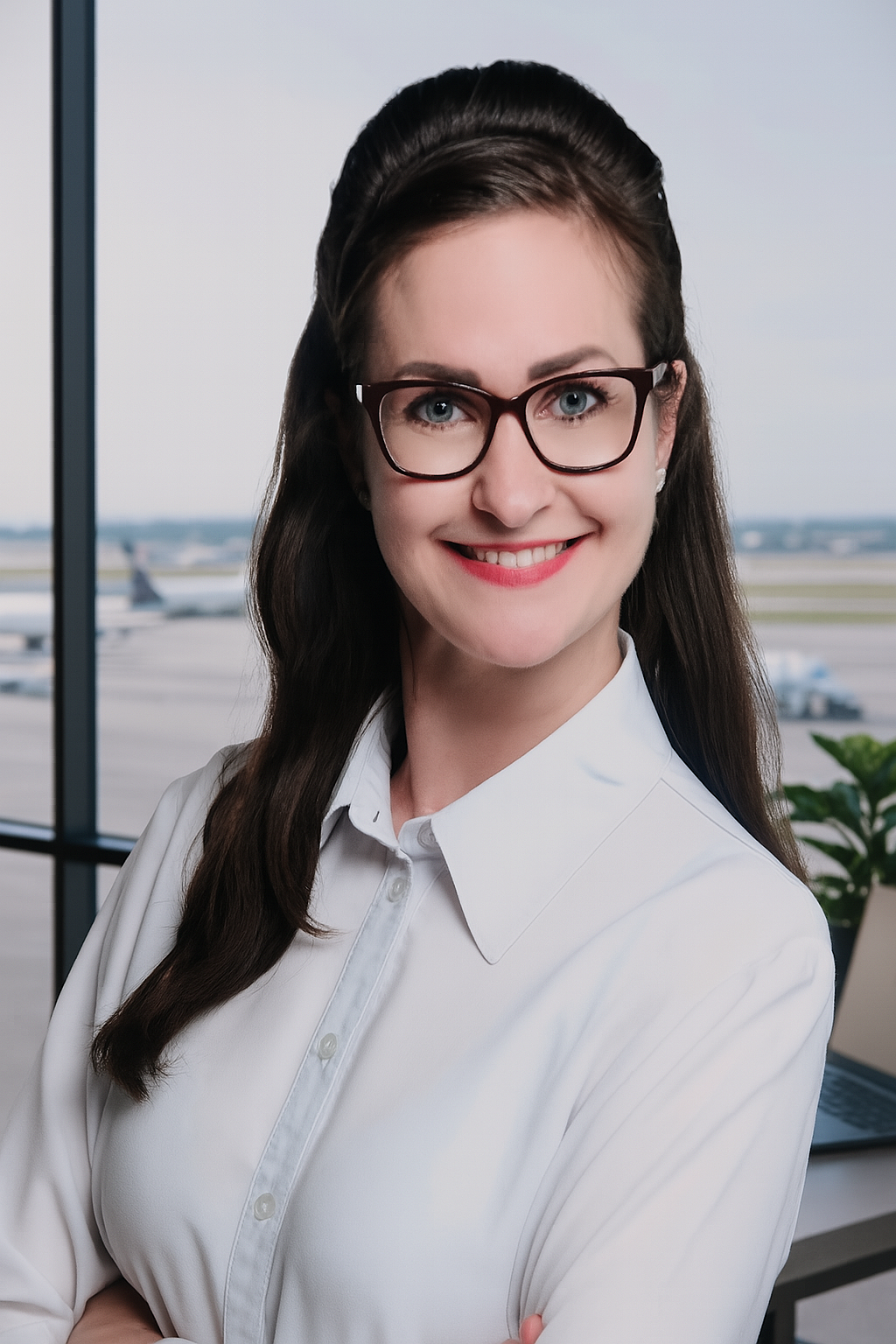 Bild einer Frau vor einem Fenster, mit Blick auf ein Rollfeld am Flughafen.